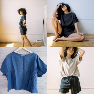 Dallas Daws Winnie Top Blue Linen Boxy Short Sleeve Blouse Size M Made in USA